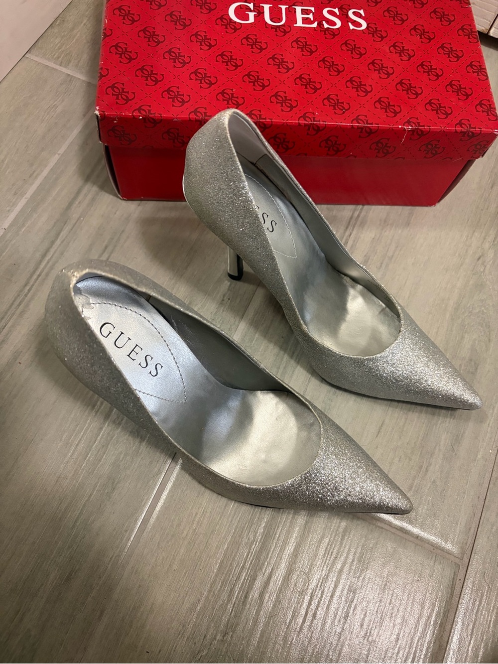 GUESS Silver Glitter Pointed Toe Stiletto Pumps